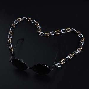 Three-tone resin chain for sunglasses in gold, silver, and bronze on black background