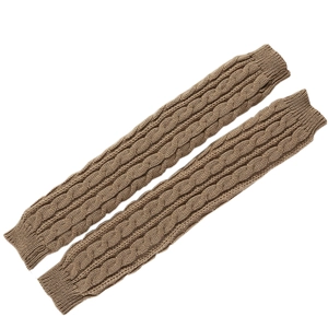 Close-up of khaki cable-knit arm warmers with ribbed cuffs on white background