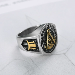 Silver and gold stainless steel Freemason Past Master ring with relief engraving