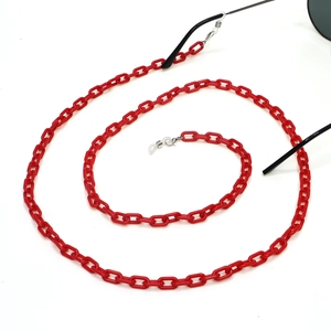 Vibrant red acrylic eyewear chain with silver metal clasps and clear rubber loops