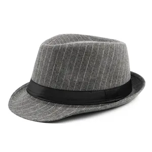 Classic grey striped fedora hat for men with black ribbon trim on white background