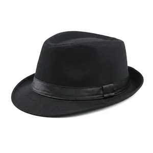 British style men's fedora hat with black pinstripe pattern and satin decorative band