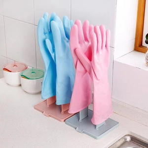 Foldable plastic kitchen glove drying rack with drain tray for countertop storage