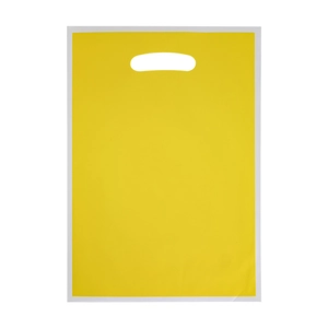 Vibrant yellow pearlescent plastic gift bag with sturdy oval cutout handle for parties