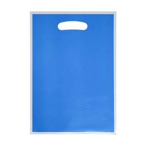 Single blue pearlescent plastic gift bag with die-cut handle for party favors and candy