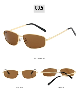 Detailed views of vintage square metal sunglasses with gold frames and brown lenses