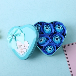Blue heart-shaped tin gift box with 6 soap roses and satin bow for romantic holidays