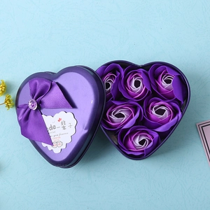 Purple heart-shaped tin gift box with six gradient soap roses and a silk ribbon bow
