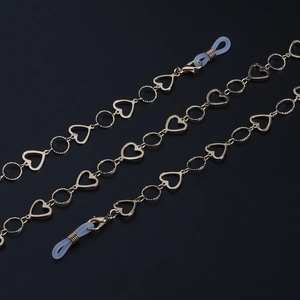 Modische Brillenkette aus Gold-Kupfer mit hohlen Herzgliedern und Silikonschlaufen