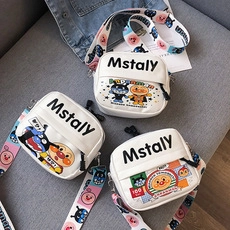 Three cute children's crossbody bags with cartoon prints and colorful wide straps
