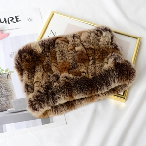 Close-up of soft brown rabbit fur neck warmer with knitted texture on white background