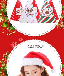 Détail du bonnet de Noël rouge en peluche et chapeaux de fête en papier, taille 42x30cm