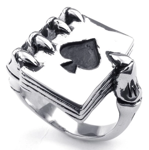 Gothic skull claw poker Ace of Spades ring in silver-black finish for men