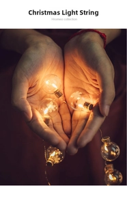 Close-up of glass Christmas globe string lights with warm LED glow and snowflake patterns