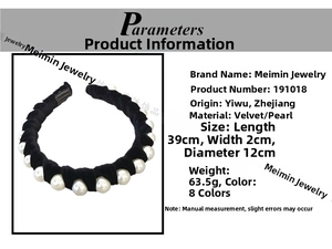 Close-up of velvet headband with white pearl beads showing material and size details