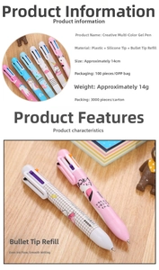 Detail showing cartoon unicorn and flamingo multicolor pens with 14cm length measurement