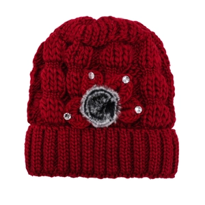 Bonnet d'hiver épais en maille torsadée rouge foncé pour femme avec décor de fleurs