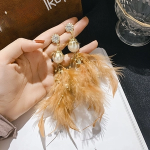 Elegant vintage long feather tassel earrings with rhinestone flower and pearl accents