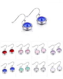 Detail of 13mm round zircon earrings in 8 colors with stainless steel hooks and 8g weight