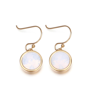 Gold stainless steel drop earrings with round white opal-style stones for women
