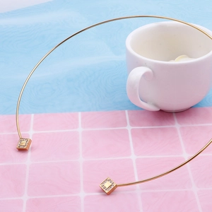 Elegant gold stainless steel open choker necklace with square pavé crystal accents