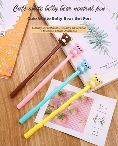 Close-up of cute cartoon bear gel pens in four colors on a cozy desk setting