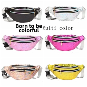 Laser iridescent waist bags in multiple colors with adjustable straps and zipper pockets