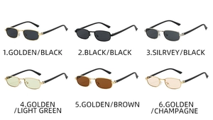 Six assorted color variants of vintage small rectangle sunglasses with sleek metal frames
