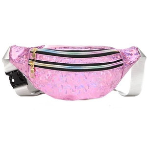 Pink holographic running waist bag with geometric design and double zipper