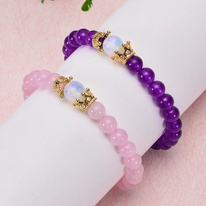 Pink and purple natural stone beaded bracelets featuring gold micro-pave zircon crowns