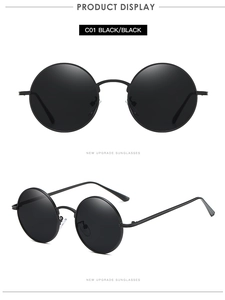 Front and side view of retro round sunglasses with black metal frame and dark lenses