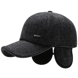 Winter wool baseball cap for men with ear flaps and SPORT metal logo in dark grey