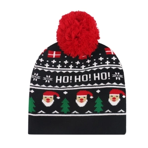 Festive knitted Christmas beanie in black with red pompom and HO HO HO pattern