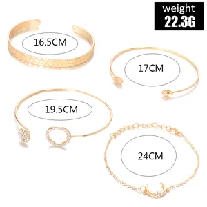Detailed size chart for 4-piece gold bracelet set including bangles and moon pendant
