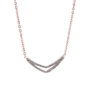Elegant rose gold layered V-shaped necklace with sparkling crystals on white background