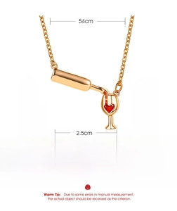 Macro view of copper wine bottle necklace with heart gem and technical dimensions