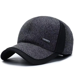 Men's wool baseball cap with grey texture and black panels for winter warmth