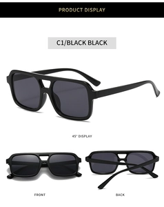 Three-angle product display of retro square double-bridge black sunglasses in detail