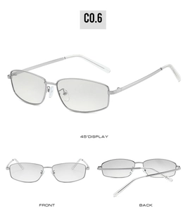 Detail view of silver metal square sunglasses showing front, back and 45-degree angles