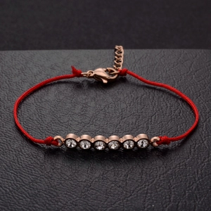 Bracciale In Corda Rossa Moda Donna Barra In Acciaio Al Titanio Oro Rosa Sei Zirconi Bianchi Intarsiati Gioielli Eleganti Regolabili