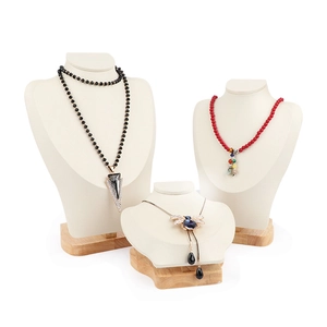 Three-tier jewelry mannequin bust set with cream microfiber and luxury wooden base