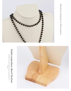 Macro detail of high-quality wood base and beige microfiber jewelry necklace display stand