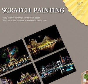 Detail of city skyline scratch painting with iconic landmarks like the Eiffel Tower
