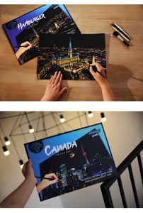 DIY city night view scratch art set featuring Hamburg and Canada cityscapes with tools