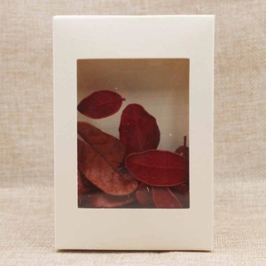 White cardboard gift box featuring a clear PVC window filled with decorative red leaves