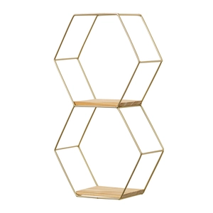 Étagère murale hexagonale dorée nordique avec base en bois pour décoration intérieure