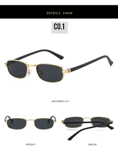 Detail of vintage rectangular sunglasses with gold frames and tricolor stripe accents