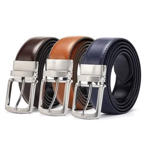 Genuine leather men's belts in brown and navy blue with polished silver pin buckles