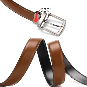 Men's double-sided leather belt with 360-degree rotating buckle in brown and black