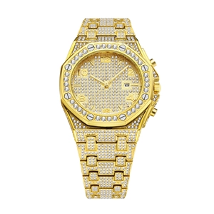 Luxurious gold stainless steel watch with full iced-out diamonds and octagonal bezel